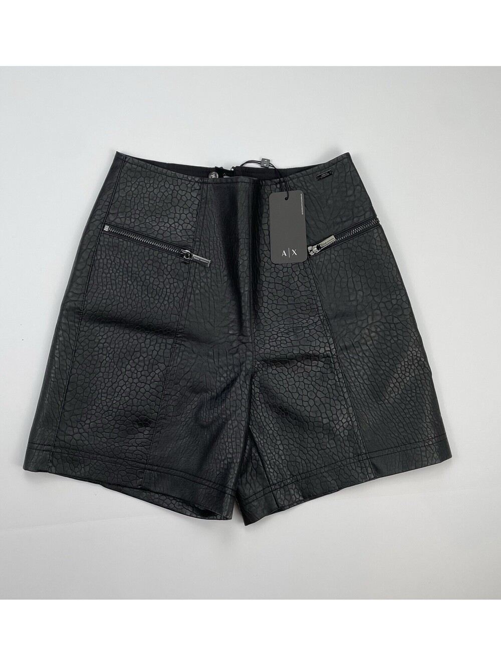 NWT Armani Exchange Eco Leather High Rise Shorts Black Textured Moto Goth Size 2